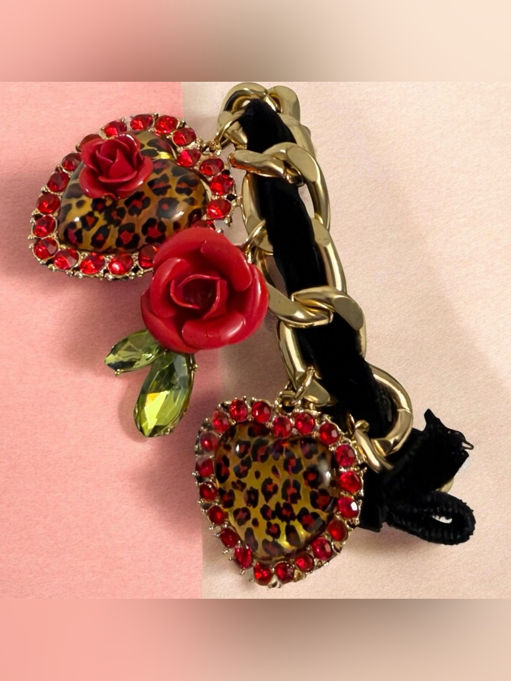 Betsey Johnson Gold-Tone Chain Bracelet with Red Roses & Leopard Heart Charms - Picture 5 of 16